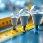 A photograph of a close-up shot of various led bulbs with different diameters displayed alongside a measuring tape