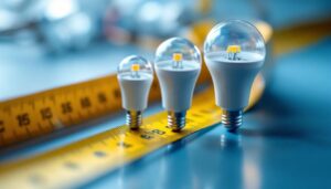 A photograph of a close-up shot of various led bulbs with different diameters displayed alongside a measuring tape