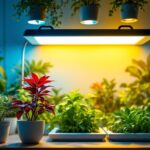 A photograph of a modern indoor gardening setup featuring recessed grow lights illuminating vibrant plants