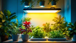 A photograph of a modern indoor gardening setup featuring recessed grow lights illuminating vibrant plants