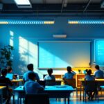A photograph of a well-lit classroom featuring a variety of lighting options