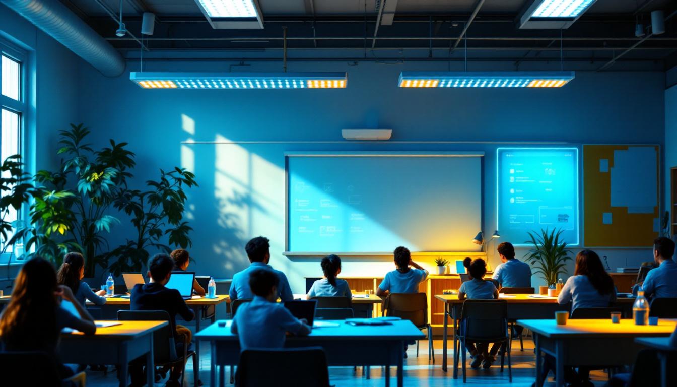 A photograph of a well-lit classroom featuring a variety of lighting options