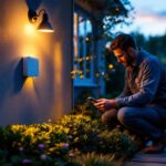 A photograph of a lighting contractor installing a smart timer for outdoor lights in a beautifully landscaped garden