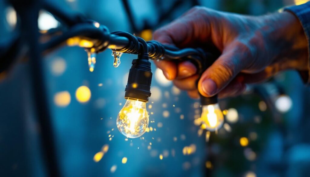 A photograph of a close-up of waterproof electrical wire being installed in an outdoor lighting setup