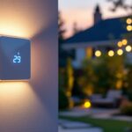 A photograph of a well-lit outdoor space featuring a stylish light switch timer installed alongside beautifully illuminated outdoor lights