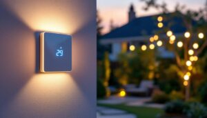 A photograph of a well-lit outdoor space featuring a stylish light switch timer installed alongside beautifully illuminated outdoor lights