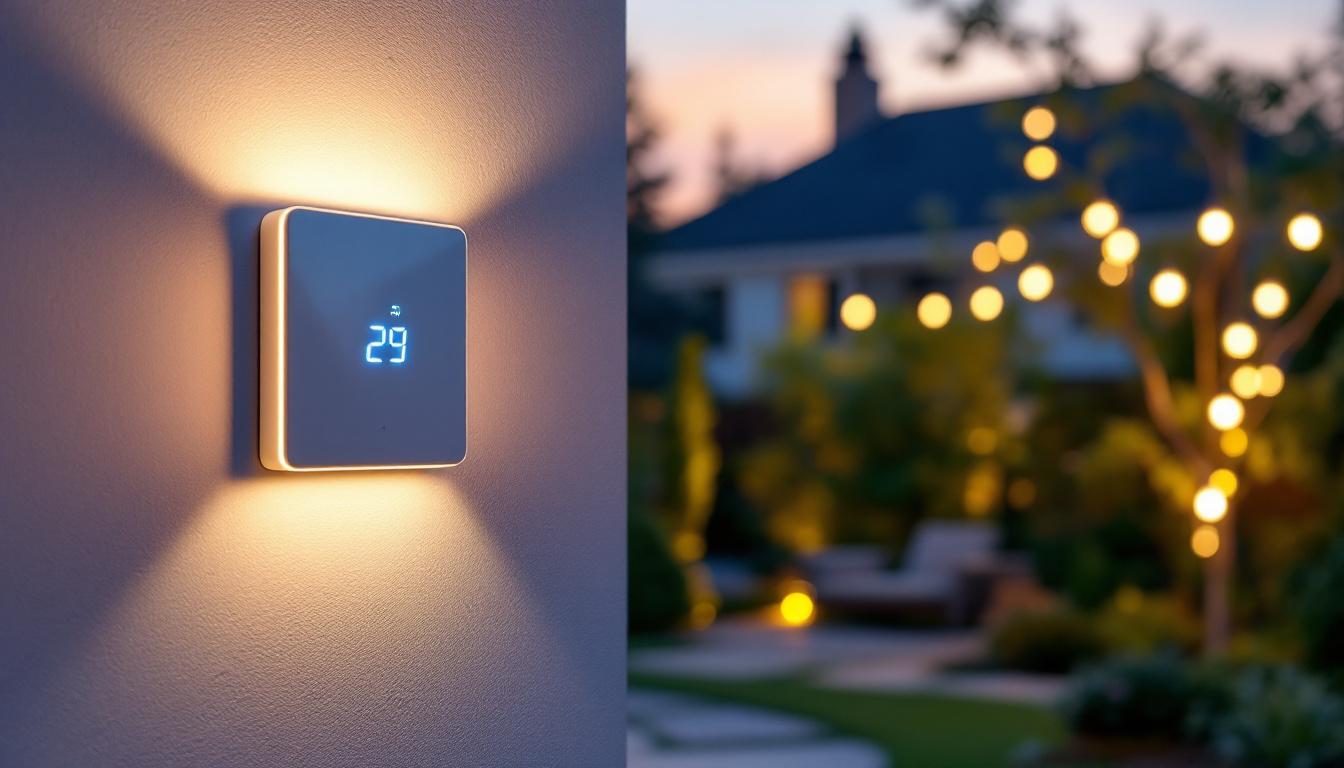 A photograph of a well-lit outdoor space featuring a stylish light switch timer installed alongside beautifully illuminated outdoor lights
