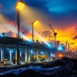 A photograph of a vibrant construction site or outdoor workspace illuminated by powerful work flood lights at dusk