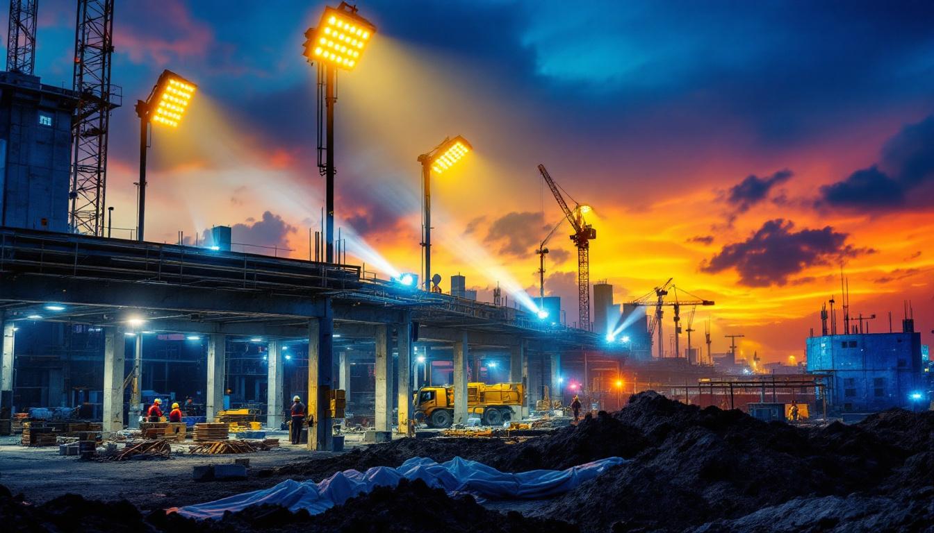 A photograph of a vibrant construction site or outdoor workspace illuminated by powerful work flood lights at dusk