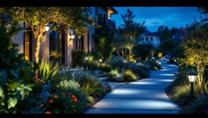 A photograph of a beautifully lit outdoor space at dusk