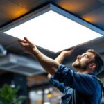 A photograph of a lighting contractor installing a sleek ceiling panel light in a modern commercial space