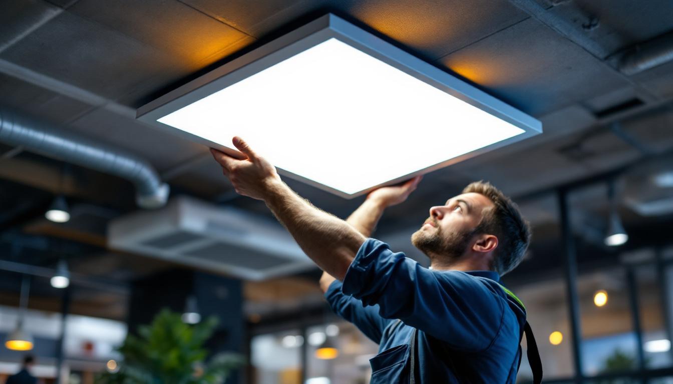 A photograph of a lighting contractor installing a sleek ceiling panel light in a modern commercial space