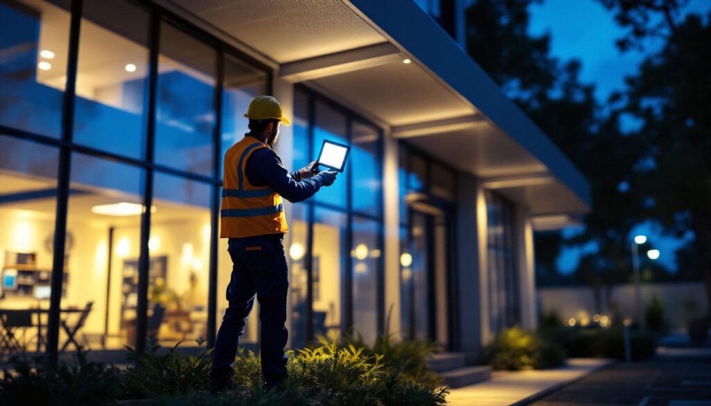 A photograph of a lighting contractor installing a vibrant led flood light fixture in a commercial outdoor setting