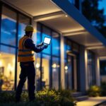 A photograph of a lighting contractor installing a vibrant led flood light fixture in a commercial outdoor setting