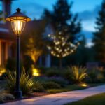 A photograph of a stylish outdoor pole lamp fixture illuminated at dusk