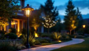 A photograph of a stylish outdoor pole lamp fixture illuminated at dusk