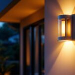 A photograph of a beautifully designed exterior wall mount light illuminating a stylish outdoor space at dusk
