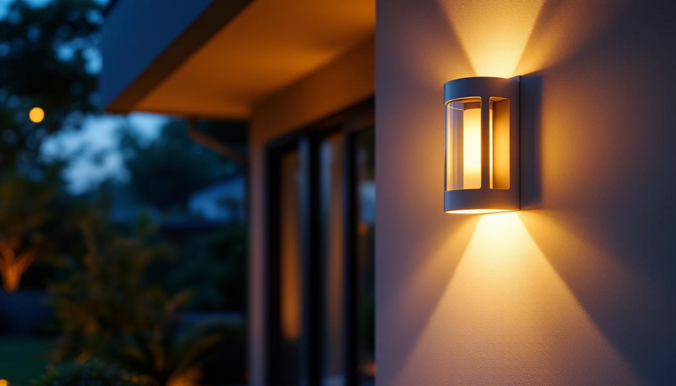 A photograph of a beautifully designed exterior wall mount light illuminating a stylish outdoor space at dusk