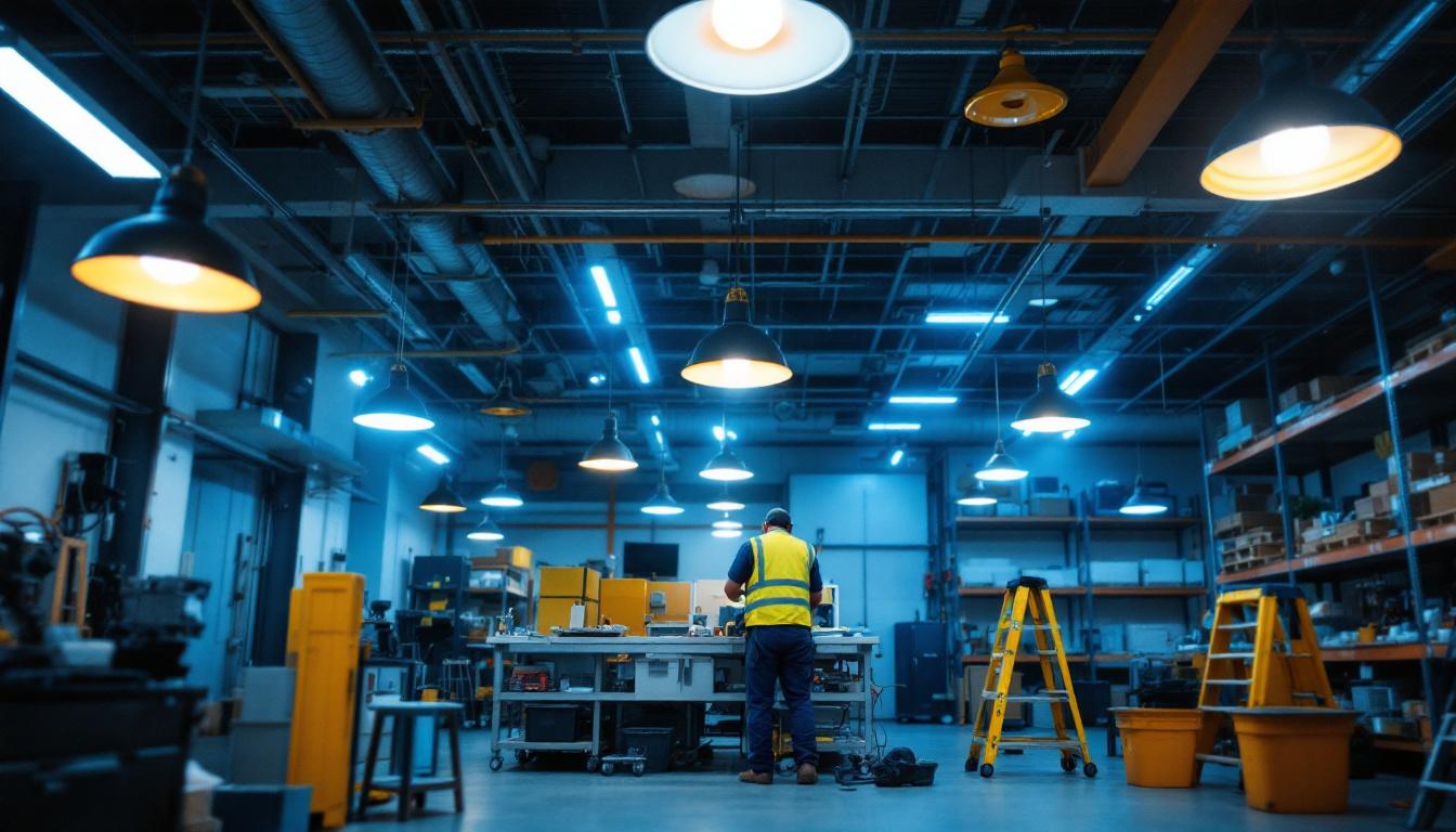 A photograph of a well-lit commercial space showcasing various types of electric shop lights in use