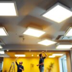 A photograph of a well-lit modern interior space showcasing square led can lights installed in the ceiling