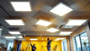 A photograph of a well-lit modern interior space showcasing square led can lights installed in the ceiling