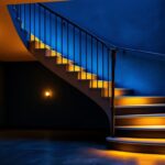 A photograph of a beautifully lit staircase featuring a combination of ambient and accent lighting