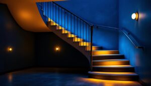 A photograph of a beautifully lit staircase featuring a combination of ambient and accent lighting