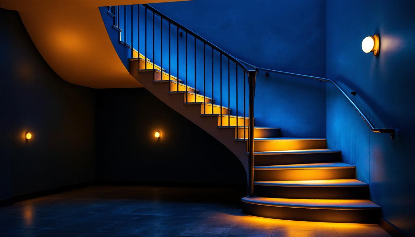 A photograph of a beautifully lit staircase featuring a combination of ambient and accent lighting