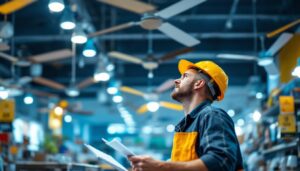 A photograph of a lighting contractor examining various ceiling fan models in a well-lit showroom