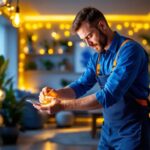 A photograph of a lighting contractor efficiently installing decorative led lights in a stylish residential or commercial setting