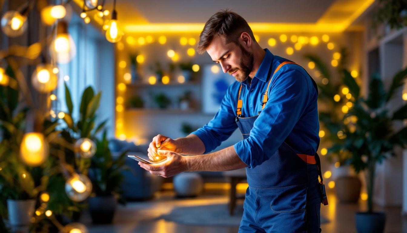 A photograph of a lighting contractor efficiently installing decorative led lights in a stylish residential or commercial setting