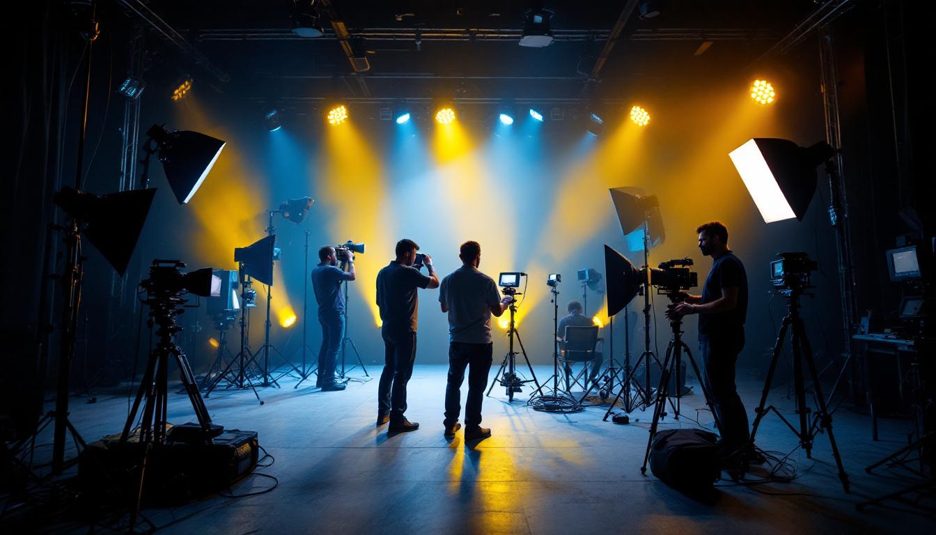 A photograph of a well-lit cinema set showcasing various lighting equipment and techniques in use