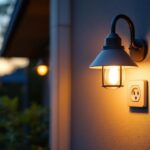 A photograph of a stylish outdoor wall lamp with an integrated power outlet