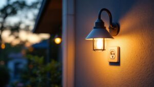 A photograph of a stylish outdoor wall lamp with an integrated power outlet