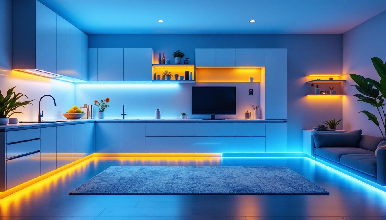 A photograph of a well-lit space showcasing vibrant led strip lighting in various applications