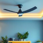 A photograph of a stylish and modern ceiling fan in a beautifully lit room