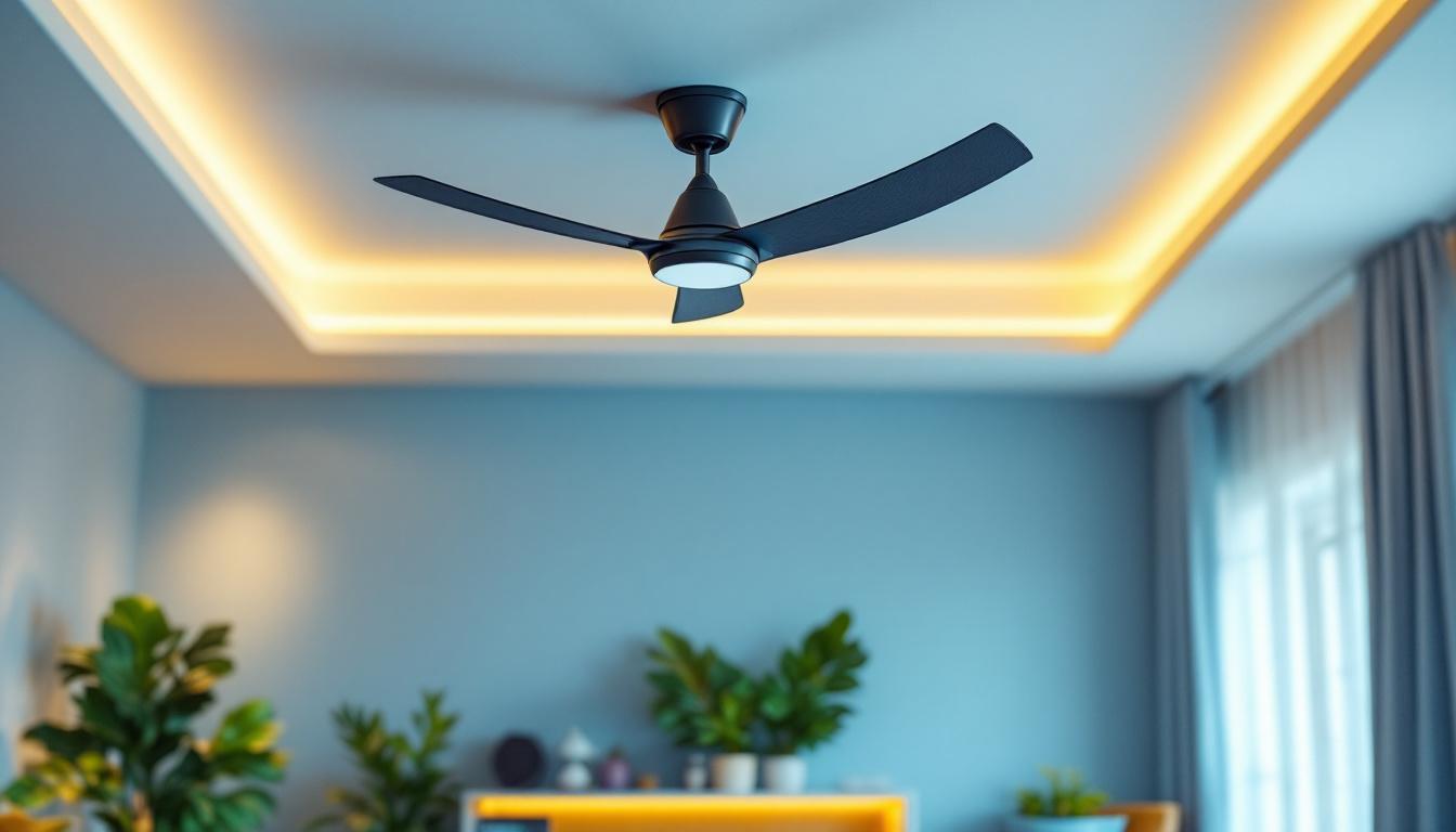 A photograph of a stylish and modern ceiling fan in a beautifully lit room