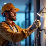 A photograph of a lighting contractor in action