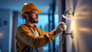 A photograph of a lighting contractor in action