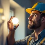 A photograph of a lighting contractor installing or showcasing a bright led light bulb in a well-lit