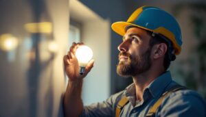 A photograph of a lighting contractor installing or showcasing a bright led light bulb in a well-lit
