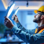 A photograph of a lighting contractor expertly installing led space lights in a modern interior setting