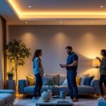 A photograph of a well-lit modern living space featuring pot lights installed in the ceiling