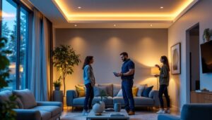 A photograph of a well-lit modern living space featuring pot lights installed in the ceiling