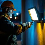 A photograph of a lighting contractor expertly installing led flood lights in a commercial or residential setting