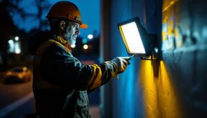 A photograph of a lighting contractor expertly installing led flood lights in a commercial or residential setting
