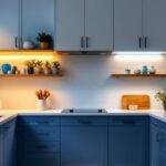 A photograph of a beautifully designed kitchen featuring various under cabinet lighting fixtures in action