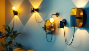 A photograph of a stylish and eclectic selection of funky wall sconces in a well-lit interior setting