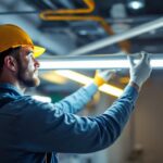 A photograph of a lighting contractor expertly installing led tubes in a commercial space