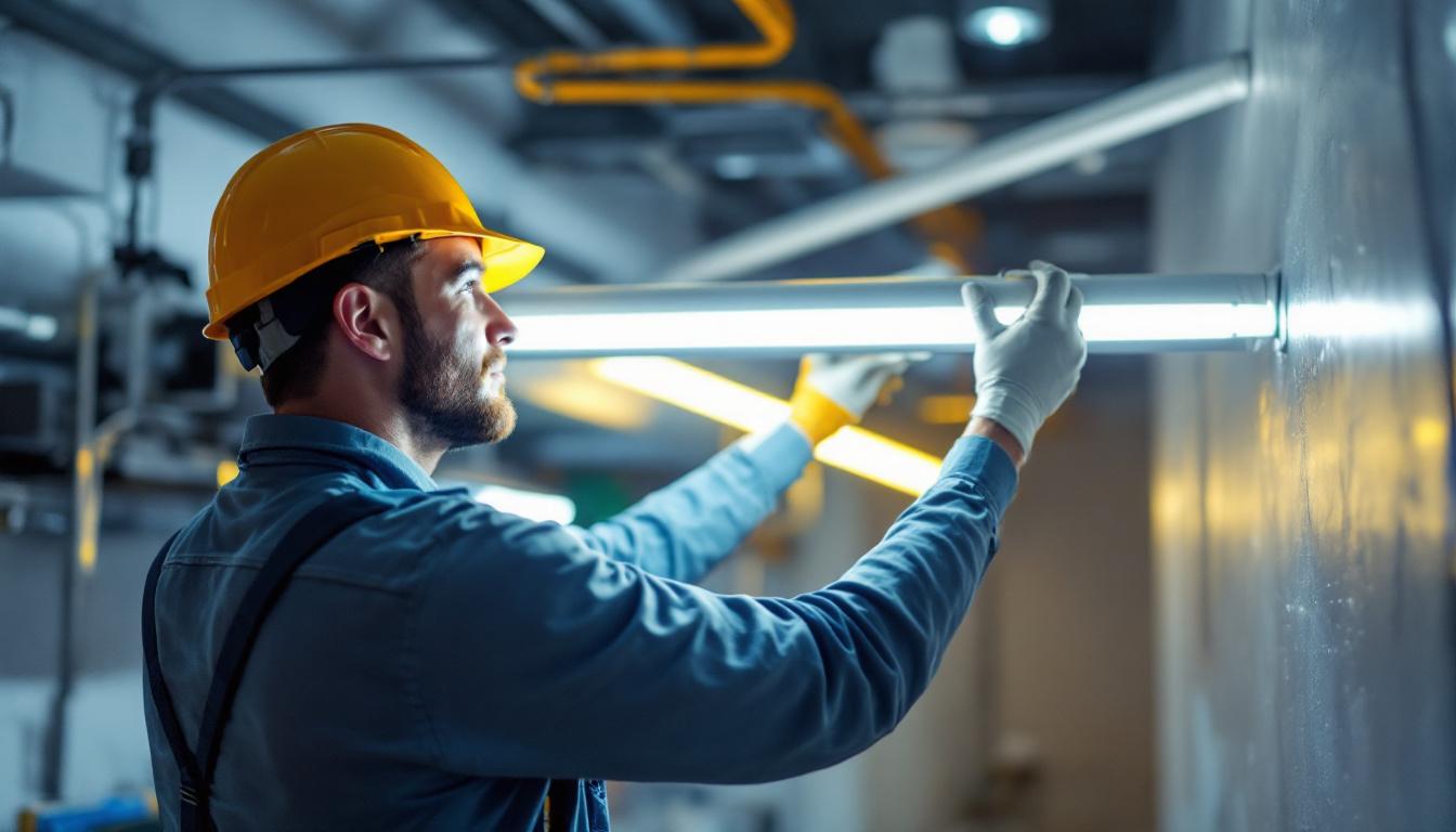 A photograph of a lighting contractor expertly installing led tubes in a commercial space